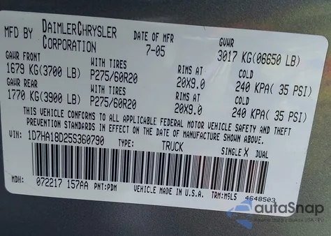 2005 Dodge Ram 1500 Slt/Laramie from USA, damaged, VIN 1D7HA18D25S360790